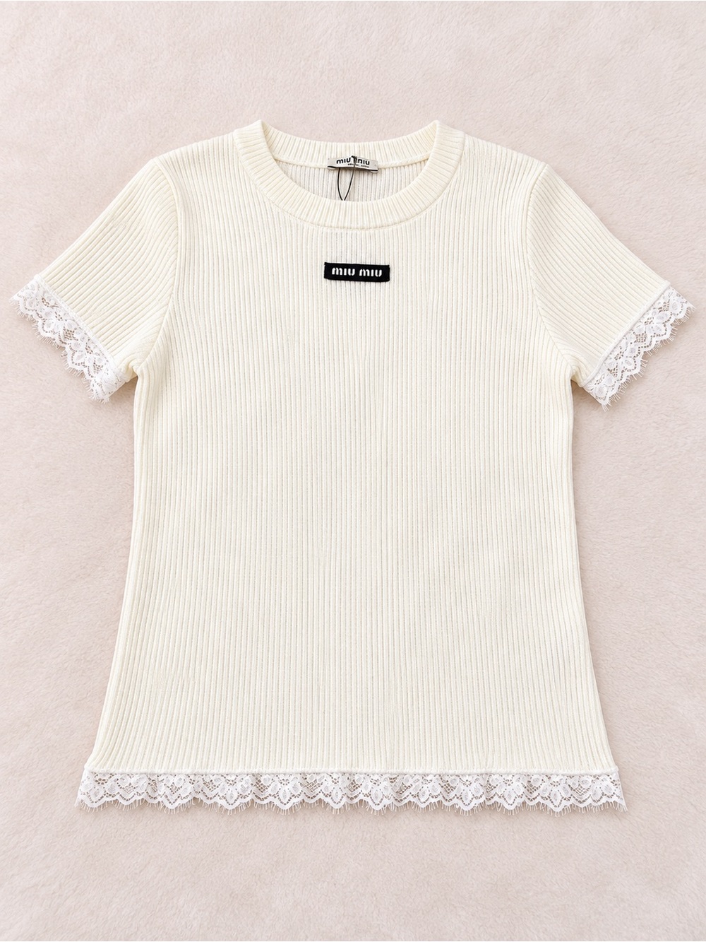 Miu Miu Cream Ribbed Lace-Trim Short Sleeve Tee